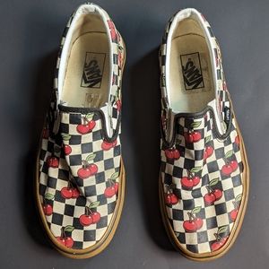 VANS slip on cherry checkered shoes. Men's 8.5. Women's 10. Gently Used.